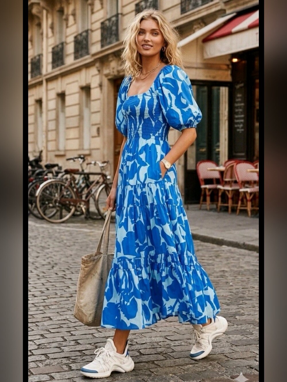 La Ligne Maxi Midi Lola Dress Blue 100% Silk Floral Puff Sleeve Tiered Luxury